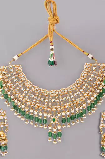 Gold plated kundan green stones necklace set