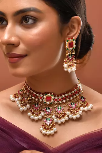 Gold plated kundan red stones necklace set