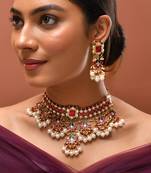 Gold plated kundan red stones necklace set