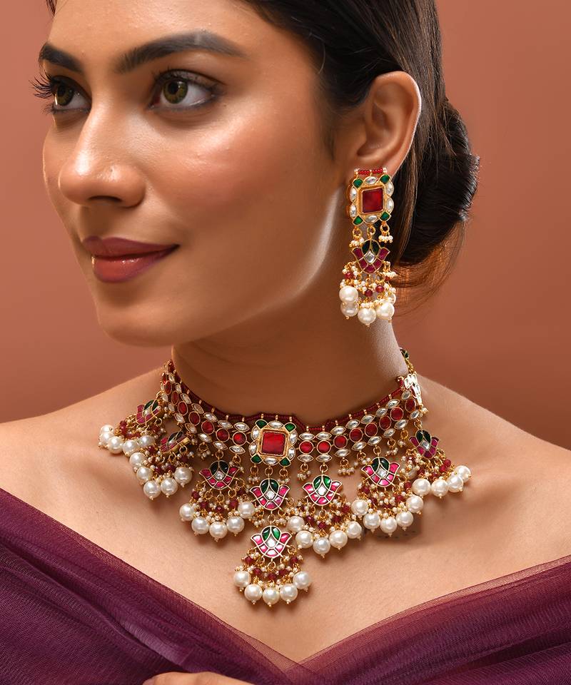 Gold plated kundan red stones necklace set