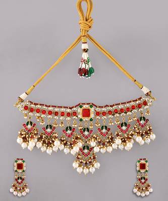 Gold plated kundan red stones necklace set 2