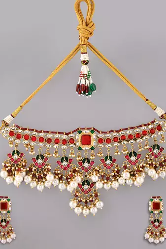 Gold plated kundan red stones necklace set