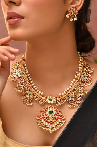Gold plated kundan red stones necklace set