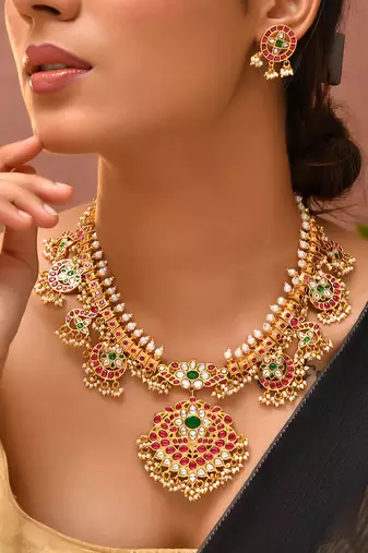 Gold plated kundan red stones necklace set