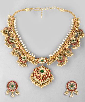 Gold plated kundan red stones necklace set 2