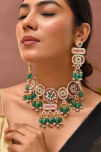Gold plated kundan green stones necklace set