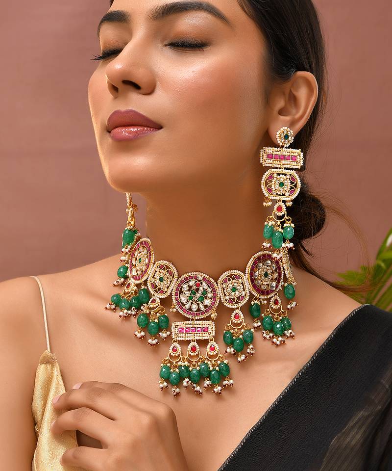 Gold plated kundan green stones necklace set