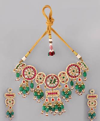 Gold plated kundan green stones necklace set 2