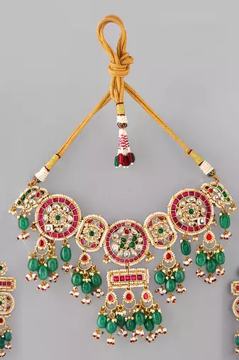 Gold plated kundan green stones necklace set
