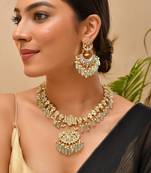 Gold plated kundan green stones necklace set