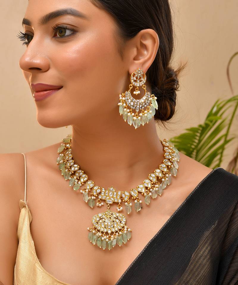 Gold plated kundan green stones necklace set