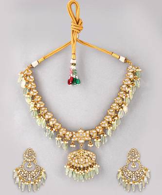 Gold plated kundan green stones necklace set 2