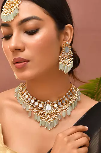 Gold plated kundan green stones necklace set