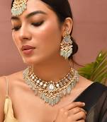 Gold plated kundan green stones necklace set