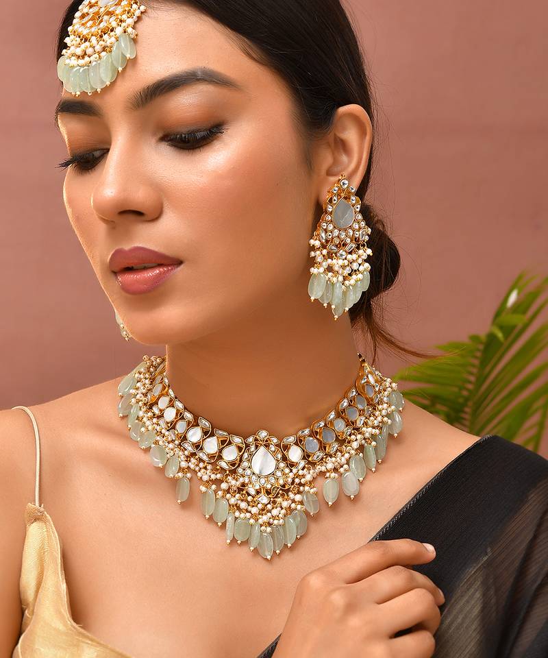 Gold plated kundan green stones necklace set