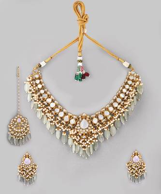 Gold plated kundan green stones necklace set 2