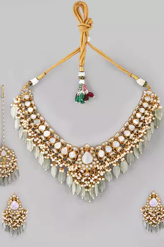 Gold plated kundan green stones necklace set