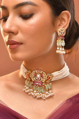 Gold plated kundan green stones choker set