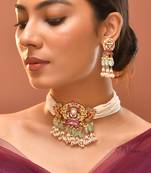 Gold plated kundan green stones choker set