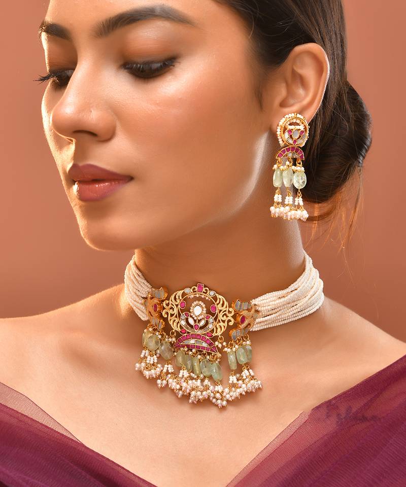 Gold plated kundan green stones choker set