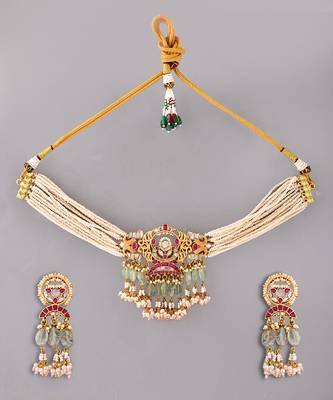 Gold plated kundan green stones choker set 2