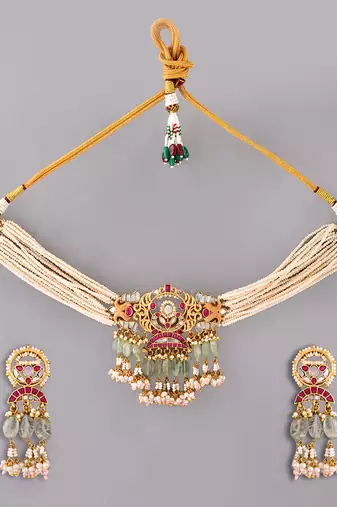 Gold plated kundan green stones choker set