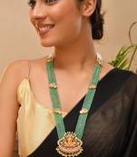Gold plated kundan green stones long necklace