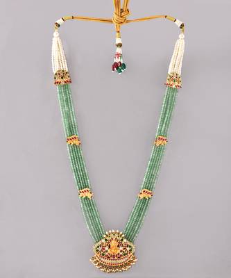 Gold plated kundan green stones long necklace 2