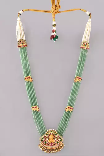 Gold plated kundan green stones long necklace