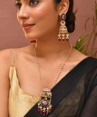 Gold plated kundan red stones long necklace set 1