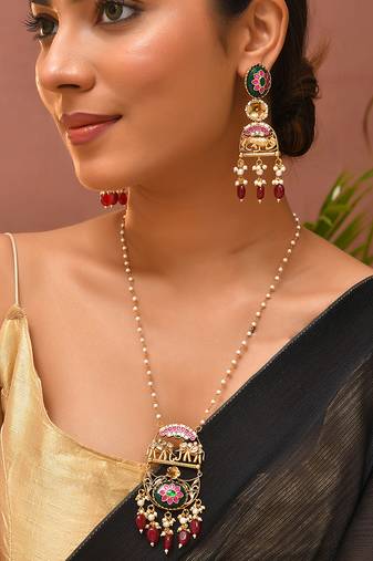 Gold plated kundan red stones long necklace set
