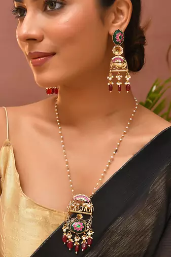Gold plated kundan red stones long necklace set
