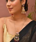 Gold plated kundan red stones long necklace set