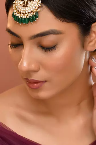Gold plated kundan green stones Maang Tikka