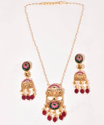 Gold plated kundan red stones long necklace set 2