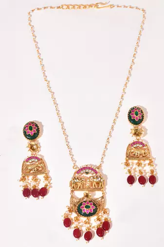 Gold plated kundan red stones long necklace set