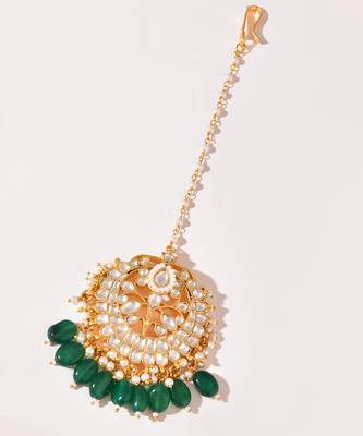 Gold plated kundan green stones Maang Tikka 3