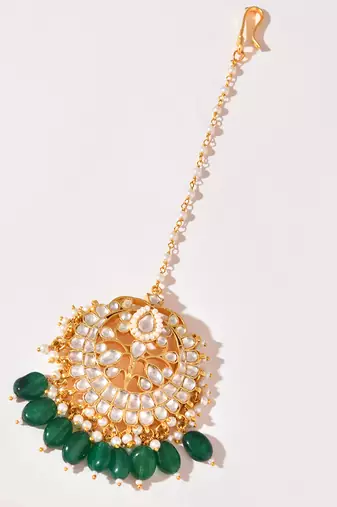 Gold plated kundan green stones Maang Tikka