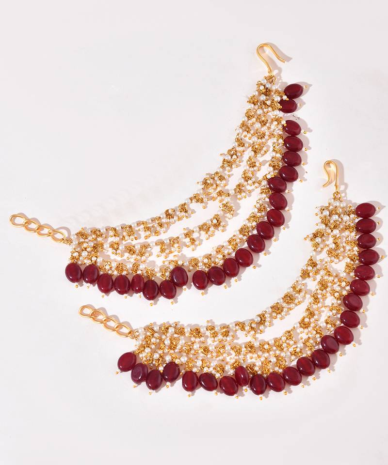 Gold plated kundan red stones earchain