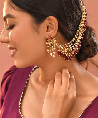 Gold plated kundan red stones earchain 2