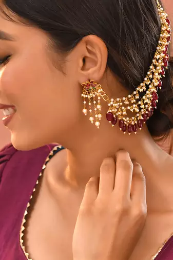 Gold plated kundan red stones earchain