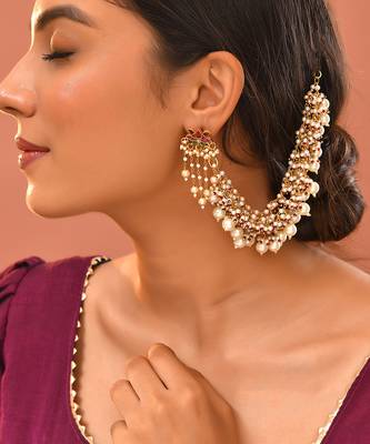 Gold plated kundan white stones earchain 2