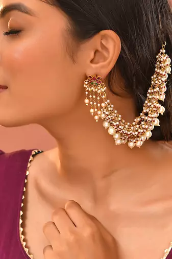 Gold plated kundan white stones earchain