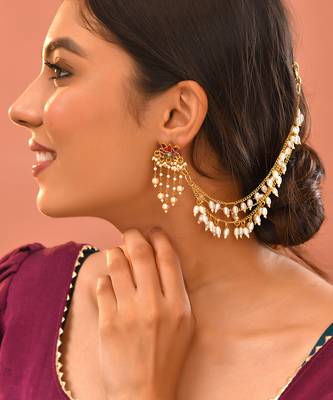 Gold plated kundan white stones earchain 2