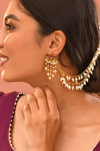 Gold plated kundan white stones earchain