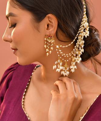 Gold plated kundan white stones earchain 2