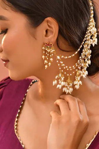 Gold plated kundan white stones earchain