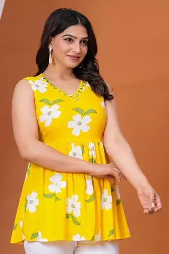 Women's Rayon Floral Printed Designer Handprinted Sleeveless Toppers, Top & Tunics