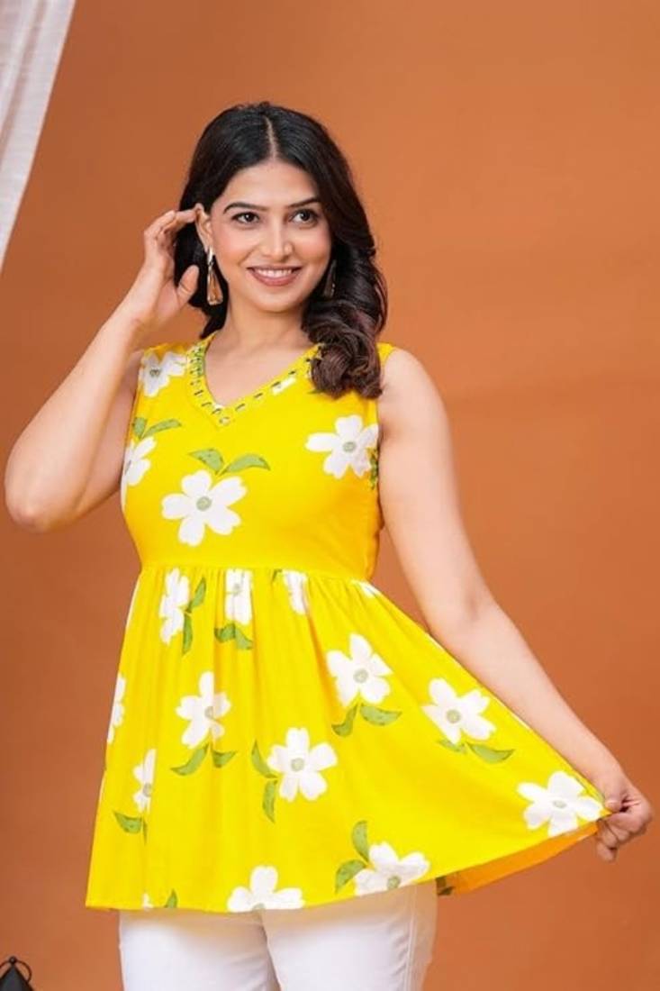 Women's Rayon Floral Printed Designer Handprinted Sleeveless Toppers, Top & Tunics