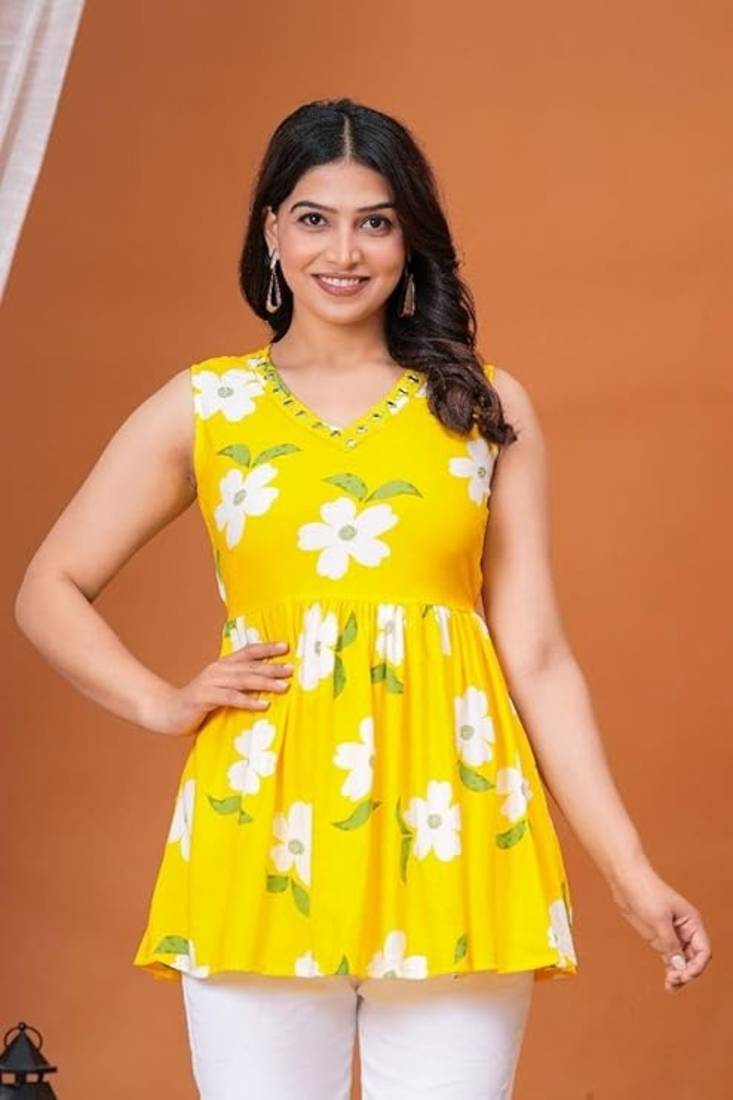 Women's Rayon Floral Printed Designer Handprinted Sleeveless Toppers, Top & Tunics